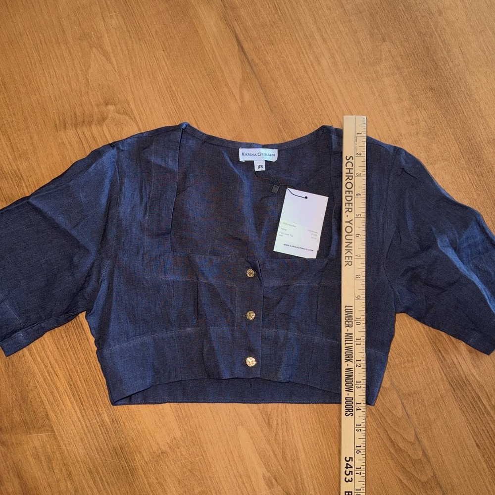 NEW Karina Grimaldi Pao Linen Button Up Top Navy Women's Size XS MSRP $92 - Picture 6 of 10